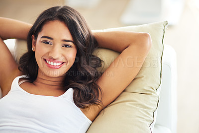 Buy stock photo Portrait of woman relax on living room sofa for rest, health and beauty sleep for mindset peace, wellness and easy calm. Smile, lounge couch and face of happy girl sleeping on home apartment pillow