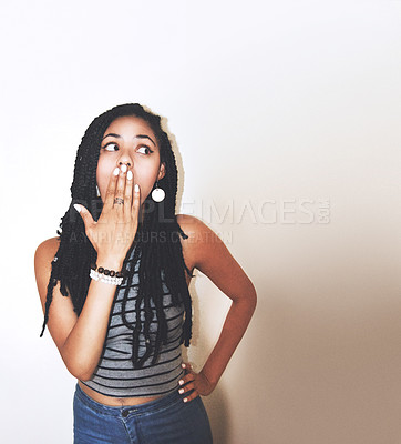 Buy stock photo Black woman, shocked and surprised with hand over her mouth in expression against a gradient studio background. African American female model face posing in shock for sale, secret or gossip on mockup