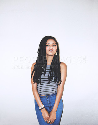 Buy stock photo Black woman, fashion portrait and beauty with braids, elegant and hipster female in white studio background with mockup space. Young model,  cool and serious with trendy stylish clothes with mock up