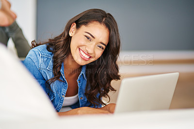 Buy stock photo Laptop, woman and portrait, living room and relax on sofa, work from home and internet search, technology and social media. Freelancer, blogger and happy female typing on computer in apartment lounge