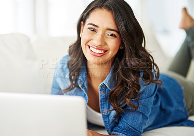 Buy stock photo Relax, laptop and portrait of woman on sofa for research, social networking and blog app. Internet, technology and website with girl in living room at home for content, online and connectivity 