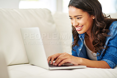 Buy stock photo Laptop, black woman on laying on sofa writing email, checking social media or streaming movie at home. Weekend, woman on couch with computer and relax on break in living room surfing the internet.