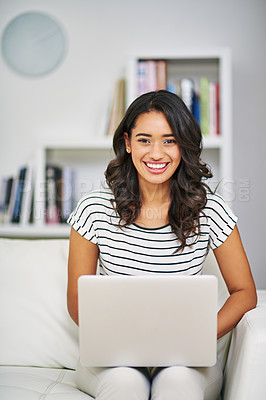 Buy stock photo Laptop, sofa and portrait of woman in home with research for creative freelance project with public relations career. Happy, technology and brand manager with report for client feedback in apartment.