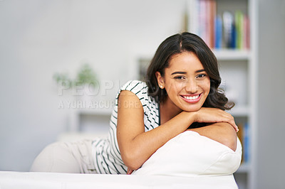 Buy stock photo Portrait, relax and woman on couch, home and wellness with happiness, calm and weekend break. Face, apartment and person on sofa, cheerful or peace with joy, comfort and house with smile or girl