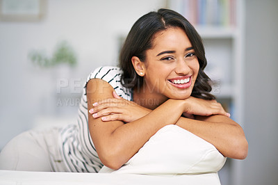 Buy stock photo Happy woman, sofa and smile portrait in home to relax with positive mindset, happiness and peace of natural beauty. Young female on living room couch in Brazil house for free time and wellness
