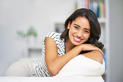 Buy stock photo Portrait, black woman and smile on sofa, relax and happy in lounge being calm. Young female, girl and happiness confidence, to rest or on couch being peaceful for break, weekend or joy in living room