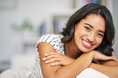 Buy stock photo Portrait, relax and woman on couch, smile and home with happiness, calm and weekend break. Face, apartment and person on sofa, cheerful or peace with wellness and house with comfort in living room