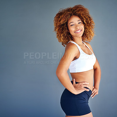 Buy stock photo Sports, beauty and portrait of confident black woman with happy face and mockup on blue background. Fitness, health and wellness, woman with afro with smile, motivation and healthy mindset in studio.