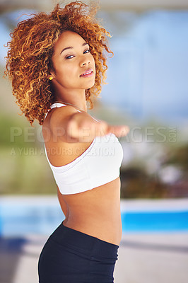 Buy stock photo Portrait, woman and yoga warrior exercise, workout and fitness in outdoor sunshine for zen energy, wellness and healthy lifestyle. Balance, pilates and black girl, stretching arms and sports training