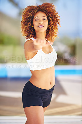 Buy stock photo Yoga, fitness and black woman stretching for health, wellness and body performance in backyard. Exercise, pilates and portrait of African girl with a workout for peace, balance and calm in a garden