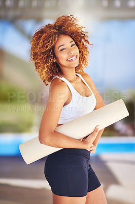 Buy stock photo Yoga mat, portrait and happy woman on a patio for meditation, healing and spiritual awareness outdoor. Wellness, peace and calm person in a backyard for holistic, self care or mental health balance