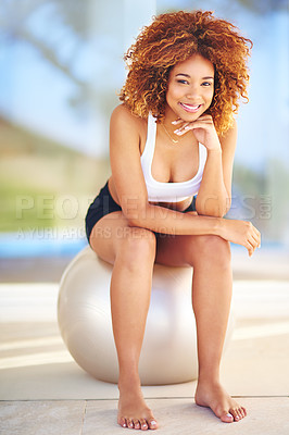 Buy stock photo Woman, smile and portrait in home with fitness ball for exercise, workout and satisfied with progress. Female person, house and happy or confident with satisfaction for health, wellbeing and wellness