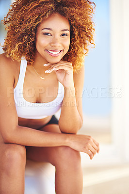 Buy stock photo Black woman, fitness and sitting on exercise ball for body workout, sport training and pilates. Yoga, physio wellness motivation and african woman on swiss ball for healthcare and balance performance