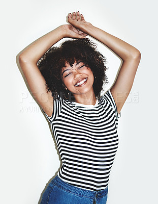Buy stock photo Happy, black woman and smile with dance to relax, confident and trendy with gray studio background. Young female, African American girl and happiness for dancing, natural beauty and excited with joy.