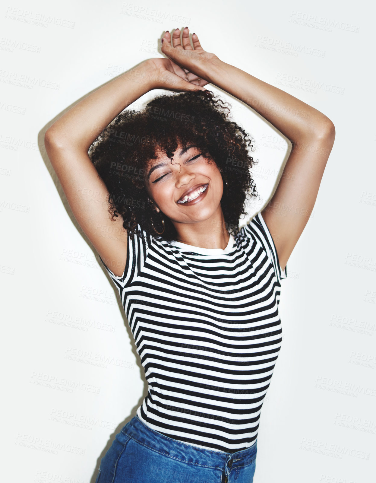 Buy stock photo Happy, black woman and smile with dance to relax, confident and trendy with gray studio background. Young female, African American girl and happiness for dancing, natural beauty and excited with joy.