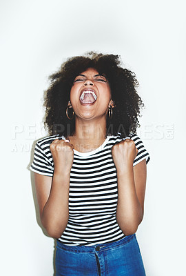 Buy stock photo Stress, scream or angry black woman in studio screaming with anxiety on white background mockup space. Burnout, shouting or frustrated Afro girl stressed with frustration, anger or problem in Kenya