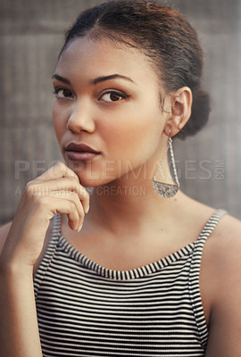 Buy stock photo Cropped portrait of a beautiful young woman
