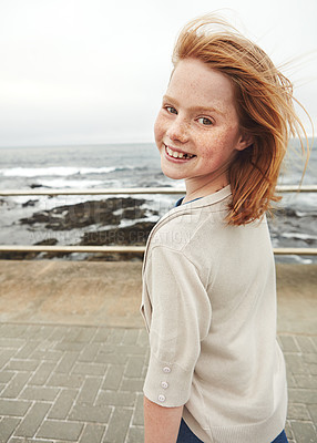 Buy stock photo Cropped portrait of a young girl at the waterfront