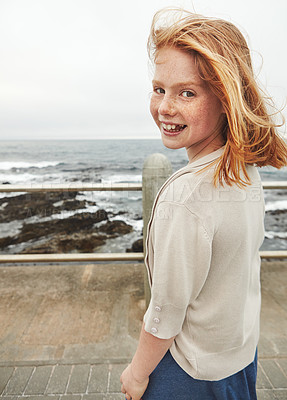 Buy stock photo Cropped portrait of a young girl at the waterfront
