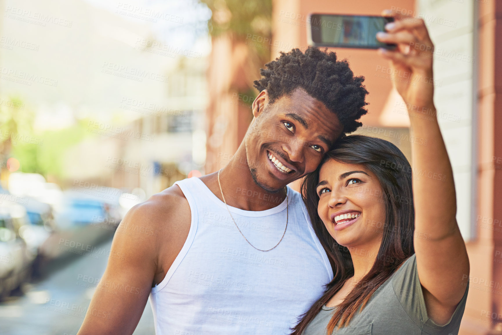 Buy stock photo Couple, smile and phone selfie in city for summer vacation, travel adventure and fun together outdoor. Happy black man or woman with 5g mobile smiling for social media photo in Puerto Rico on holiday