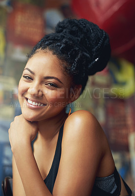 Buy stock photo Happy, portrait and woman by wall in restaurant for morning enjoyment, peace or break on holiday. Smile, female person and face with confidence at cafe for vacation, positivity or carefree on weekend