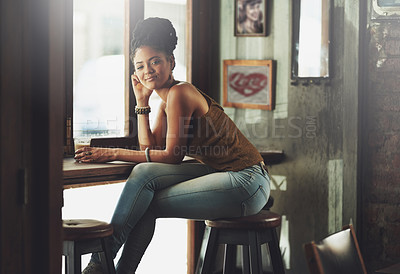 Buy stock photo Woman, portrait and relax in cafe with coffee, warm beverage and confidence with smile by window. Female person, pride and cup in restaurant for lunch, hot tea and espresso with caffeine in bistro