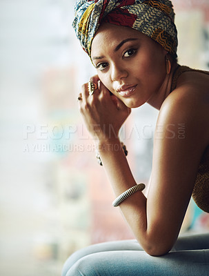 Buy stock photo Portrait, young black woman and turban fashion, style and trends, confidence and pride in natural beauty, edgy african culture and unique heritage. Black girl, stylish headscarf and african print 