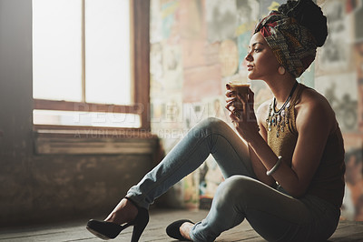 Buy stock photo Coffee, relax and thinking black woman on the floor of a living room with fashion in her apartment. Idea, style and African girl content with tea drink, peace and calm in the lounge of her house