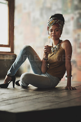 Buy stock photo Full length portrait of an attractive young woman drinking coffee