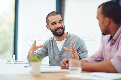 Buy stock photo Planning, collaboration and teamwork with businessman in meeting for idea, strategy and management discussion. Partnership, vision and consulting with employee for communication, review and goal