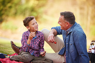 Buy stock photo Shot of a father and son talking together while having a picnic in a park
