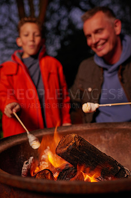 Buy stock photo Shot of a father and son toasting marshmallows over a fire