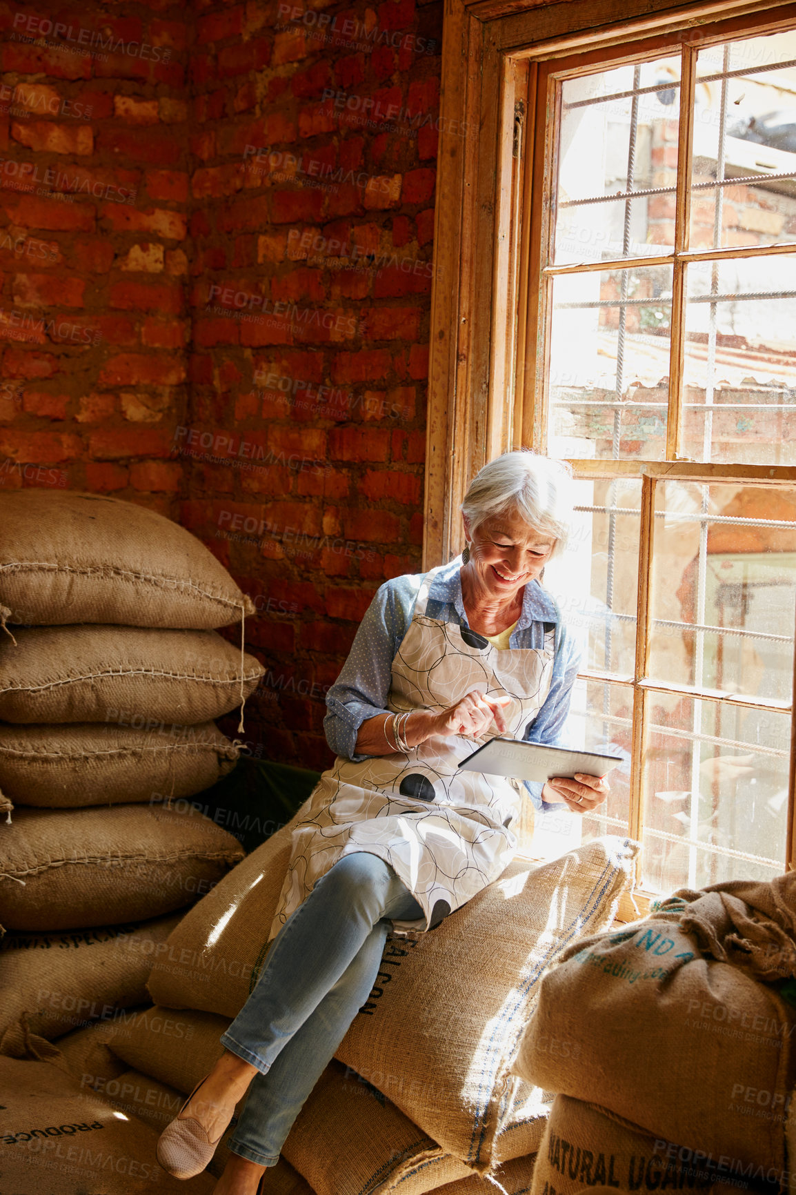 Buy stock photo Cropped shot of a senior woman using a tablet while working in a roastery