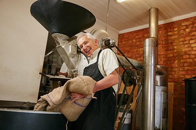 Buy stock photo Cropped portrait of a senior man working in a roastery