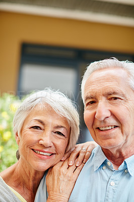 Buy stock photo Portrait of a happy senior couple outdoors
