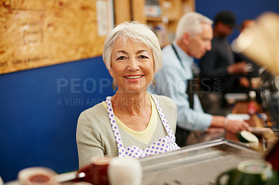 Buy stock photo Senior woman, portrait and coffee shop owner work for retirement in a store with a smile. Elderly female, barista and cafe for a small business as a startup for profit or pension in a restaurant