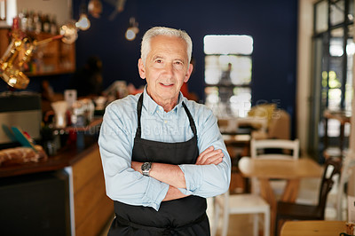 Buy stock photo Portrait of a senior man working in a coffee shop