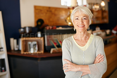 Buy stock photo Elderly, woman and portrait with crossed arms work in coffee shop for retirement for a small business. Senior female, professional and cafe for investment is working in a store for with a smile.