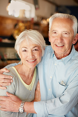 Buy stock photo Portrait of a happy senior couple indoors