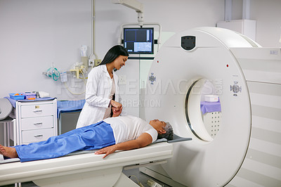 Buy stock photo Doctor, mri and woman holding hands of patient in hospital before scanning in machine. Ct scan, comfort and medical professional with senior female person in radiology test for healthcare in clinic.