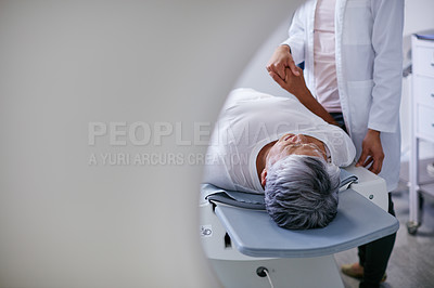 Buy stock photo Doctor, mri and woman holding hands of patient in hospital before scanning in machine. Ct scan, cancer and medical professional with senior person in radiology test for healthcare in clinic.