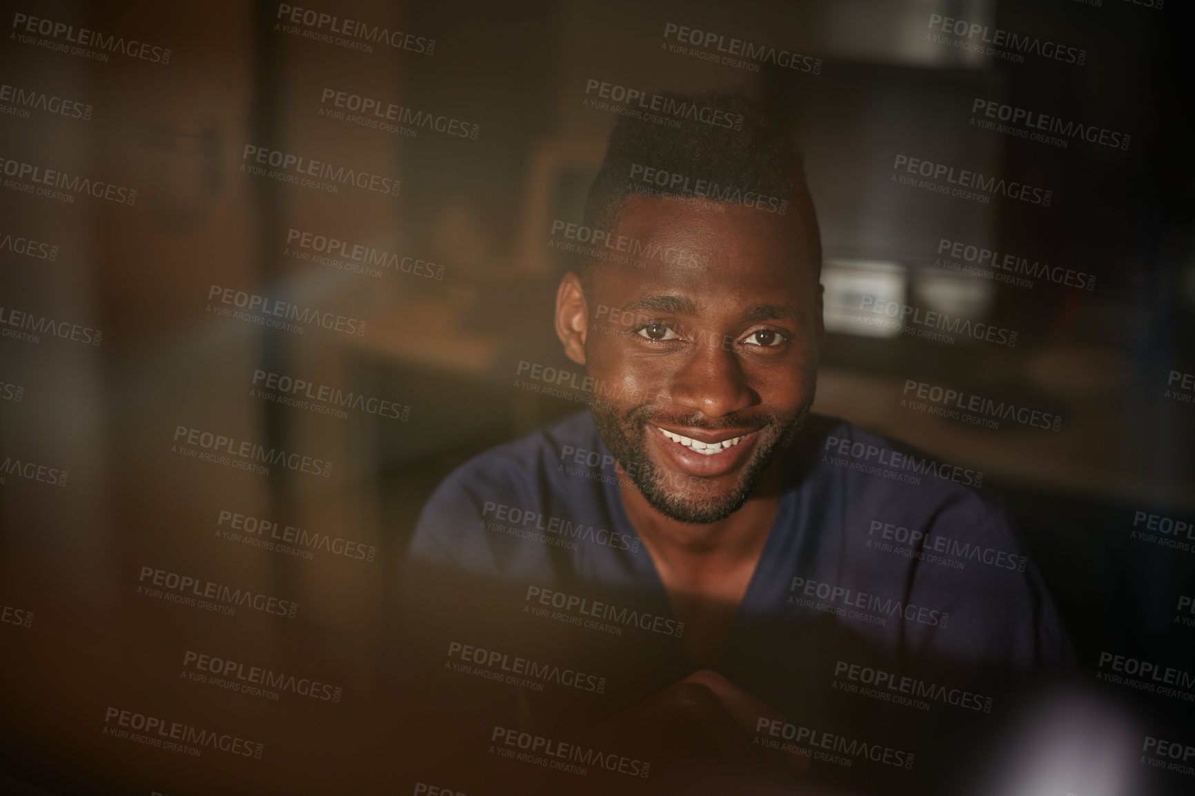 Buy stock photo Cropped portrait of a young doctor working late into the night