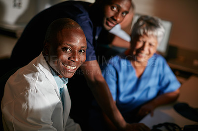 Buy stock photo Cropped portrait of doctors working late into the night