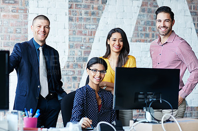 Buy stock photo Cropped portrait of four businesspeople working in the office