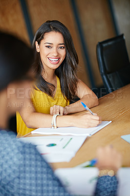 Buy stock photo Cropped shot of a businesswoman sitting in a meeting