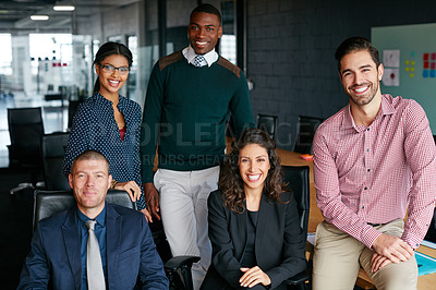 Buy stock photo Portrait of a group of businesspeople sitting in an office