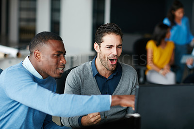 Buy stock photo Cropped shot of two businessmen cheering in the office