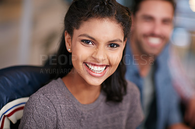 Buy stock photo Portrait of a confident young woman working in a modern office