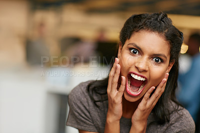 Buy stock photo Portrait of an excited young woman working in a modern office