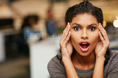 Buy stock photo Portrait of an amazed young woman working in a modern office